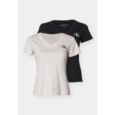 Image of Calvin Klein Jeans Monologo V NECK TEE 2 PACK Basic Tshirt, Women&#039;s, Size: XS, Moonbeam/black