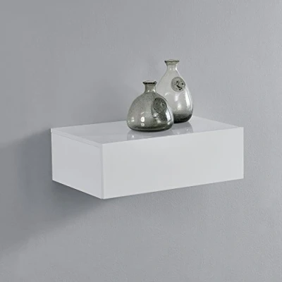 Image of [en.casa] Oslo wall shelf with drawer bedside table floating chest of drawers hanging console 46x30x15cm white high gloss