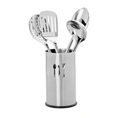 Image of Relaxdays Stainless Steel Utensil Set, 5 Pieces, Holder Stand, 4 Cooking Spoons, Kitchen Accessories, Silver, 10.5 x 30 cm