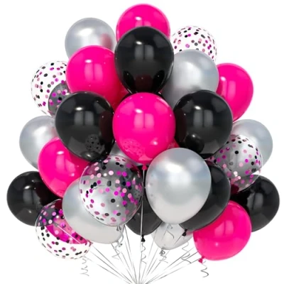 Image of Teselife Pink Black Balloons, 30Pcs 12 Inch Hot Silver Rose Red Confetti Balloon Women Girls Theme Birthday Wedding Anniversary Engagement Bridal Shower Mouse Party Supply