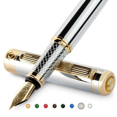 Image of Scriveiner Silver Chrome Fountain Pen Stunning Luxury with 24K Gold Finish, Schmidt 18K Gilded Nib (Extra Fine), Best Gift Set for Men &amp; Women Professional Executive Office Nice Designer