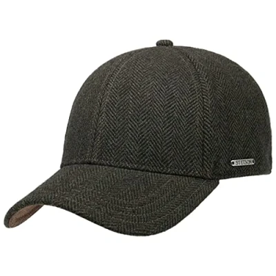 Image of Stetson Plano Wool Cap Men Baseball with Leather Bottomed Visor Men&#039;s Herringbone Design Fullcap Cotton Lining Fall/Winter Basecap Winter Olive XL (60 61 cm)