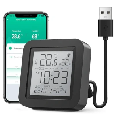 Image of GHome Smart WiFi Thermometer Hygrometer, Indoor Temperature Humidity Sensor Electronic Ink Display &amp; IR Contorl, App Notification Alert, Free Data Storage Export