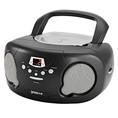 Image of groov e Orginal Boombox Portable CD Player with Radio, 3.5mm Aux Port, &amp; Headphone Socket LED Display, 2 x 1.2W Speakers Battery or Mains Powered Black