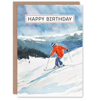 Image of Artery8 Ski Skiing Alps Austria Winter Sport Watercolour Blank For Him Or Her Art Birthday Card