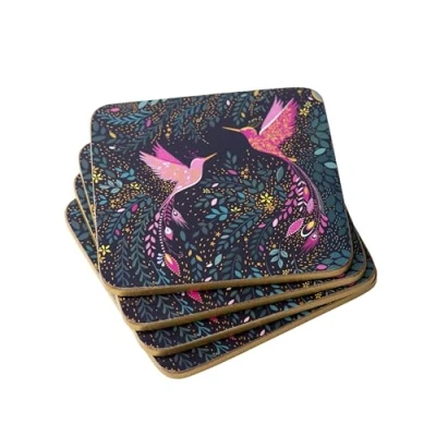 Image of Sara Miller India Collection Set of 4 Coasters Hummingbird Paradise Midnight Blue