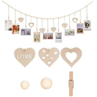 Image of Wall Hanging Photo Display with Clips Boho Wooden Beads Heart Garland Clip Picture Holder for Decor Bedroom Home