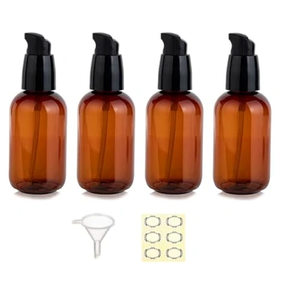 Image of Apstaqeoo 4Pcs 80Ml Empty Lotion Pump Bottle Dispenser for Toiletries TSA Approved Leak proof Plastic Travel Bottles Container with Label &amp; Funnel Cleaning Shampoo Cosmetic (Brown)