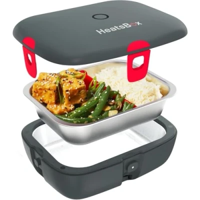 Image of HeatsBox FAITRON Style Electric Lunch Box Food Warmer for Reheating On The Go, Leakproof Stainless Steel Container (925 ml), Transport Lid, 90 Watts