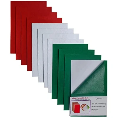 Image of Jtnohx Self Adhesive Felt Sheets, 20x30cm Sticky Fabric for Craft, 12 Pieces Assorted Colours Craft Christmas DIY Supplies Projects (Green/White/red)