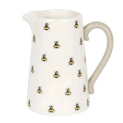Image of Adorable Bee White Ceramic Flower Jug with Contrasting Handle 21.7cm x 18.2cm (1 Pc.) Perfect for Home Decor, Unique Mother’s Day Gift