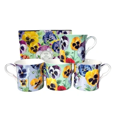 Image of heritage FINE Bone China Set of 4 Mugs Gift Boxed Pansy New
