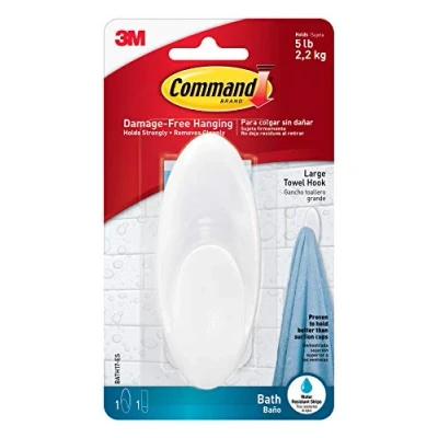 Image of Command Bath Large Towel Hook, White, Water Resistant 1 Hook and Adhesive Strip Hang Towels, Robes other Bathroom Accessories Damage Free Hanging