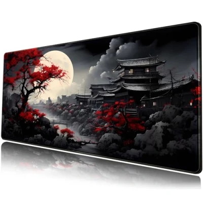 Image of Riverside Full Moon Desk Mat Japanese Pad Black Red Large Mouse Gaming Mousepad Extended XXL Keyboard 31.5 x 11.8 in Laptop Computer for Office Decor