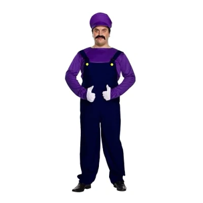 Image of Henbrandt Adult Men’s Purple Bad Plumber Fancy Dress Costume Retro 1980s Videogame + Black Overalls Moustache Brothers Workman Up Outfit One Size Standard Mens