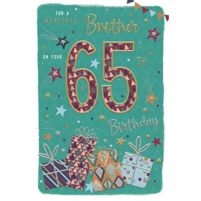 Image of ICG Wonderful Brother 65th Milestone Birthday Card Age 65 Wrapped Gifts, Shooting Stars and Foil Details