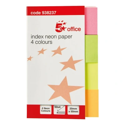 Image of 5 Star Index Neon Paper Page Markers 20x50mm 50 Sheets per Colour Assorted (Pack of 5)