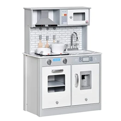 Image of HOMCOM Kids Wooden Toy Kitchen Pretend Play Cooking Playset w/Sound &amp; Light Effect, Battery Operated Cooktop, Ice Machine, Marble Pattern Countertop, for 3 6 Years Old