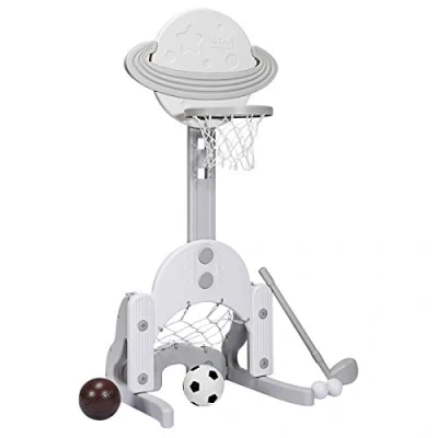 Image of Maxmass Basketball Hoop Set, 3 in 1 Sports Activity Center with &amp; Soccer Ball, Height Adjustable Stand for Kids (White)