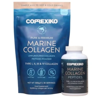 Image of CORREXIKO Marine Collagen Powder &amp; Capsules 30 Day Supply 10,000mg 2,000mg Capsule Double Hydrolysed Type 1,2,3,4 Peptides Per Serving with Added Vitamins for Hair, Skin Nails