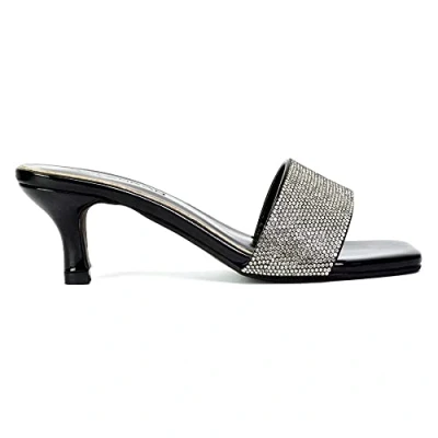 Image of Womens Diamante Low Kitten Heels Ladies Slip On Heeled Mules Black Sandals Size 4