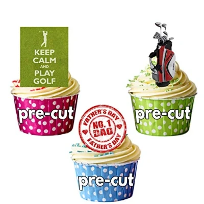 Image of AK Giftshop PRE CUT Father&#039;s Day Golf Themed Cake Decorations Edible Stand up Cup Toppers (pack of 12)