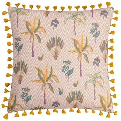 Image of furn. Chamae Floral Tasselled Feather Filled Cushion Coral Cotton One Size