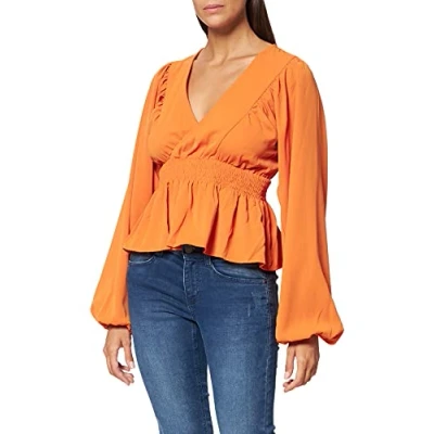 Image of NA KD Women&#039;s Smocked Waist Blouse, Orange, 16 UK