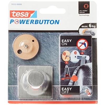 Image of tesa Powerbutton Universal Self Adhesive Hook Rectangular Chrome Plated Metal Bathroom Towel Holder Max Load 6 kg