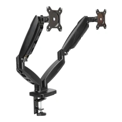 Image of Amazon Basics Gas Spring Dual Computer Monitor Arm Mount, Adjustable, Holds Monitors up to 27 Inches (68.6 cm), Black