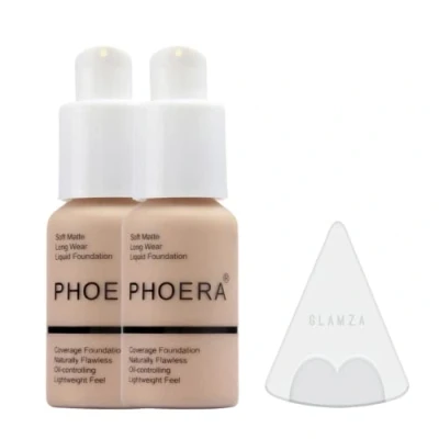 Image of Glamza Phoera Foundation Full Coverage Makeup Set 24hr Long Lasting Oil Control Soft Smooth Matte Flawless Concealer Cream Inc x2 30ml &amp; Silicone Blender Sponge (102 Nude)