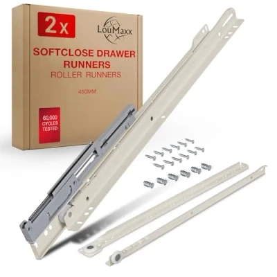 Image of LouMaxx Heavy Duty Drawer Runners 450 mm Set of 2 (1 Pair) White Rails Soft Close for Drawers Smooth Running Roller in