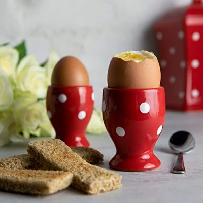 Image of City to Cottage Ceramic Egg Cup Holder set of 2, Soft Boiled Cups, Hard Eggs Stand Holders, Breakfast Cooking Kitchen Serving Cup, Handcrafted Cups (Red Polka Dot)
