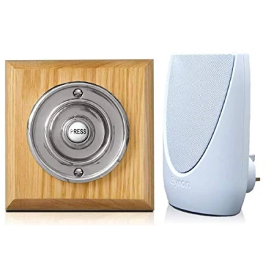 Image of Byron 100m Wireless Period Plug in Doorbell kit Push on Plinth (Honey Chrome)