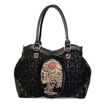 Image of BANNED BLACK FLOCKED CAMEO SKULL ROSE SHOULDER BAG HANDBAG TATTOO GOTH NEW BEDLAM