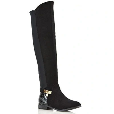 Image of Womens Over The Knee High Flat Low Heel Ladies Stretch Calf Leg Zip Casual Boots