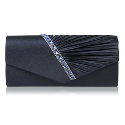 Image of Damara Womens Pleated Crystal Studded Satin Handbag Evening Clutch,Navy Blue(Size:L)