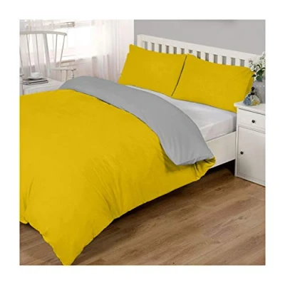 Image of Lions Ochre and Grey Reversible Plain Duvet Quilt Cover Set Single With Pillowcase Easy Care Bedding