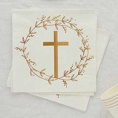 Image of 16 Gold Cross Paper Napkins, Christening Baptism Partyware, Childrens Religious Party, Tableware, Communion Party Napkins