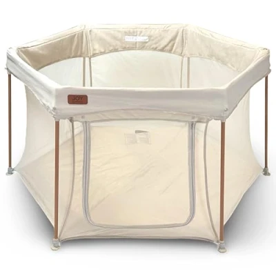 Image of Venture Joy Baby Playpen Foldable for and Toddlers, Zip Door &amp; Fitted Mat with Breathable Mesh Walls, Padded Frame, Play Pen Travel Bag (135 x 135 75 cm), Taupe