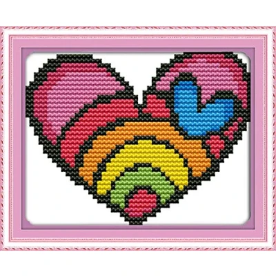 Image of Cross Stitch Kits, Rainbow Heart Awesocrafts Easy Patterns Stitching Embroidery Kit Supplies Christmas Gifts, Stamped (Heart, Stamped)