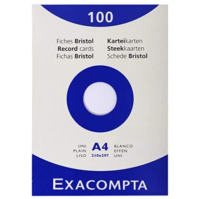 Image of Exacompta Ref 13306E Bristol Record Cards (Pack of 100) A4 (210 x 297mm) in Size, Plain Unruled, 205gsm Card, Laser &amp; Inkjet Printer Compatible White
