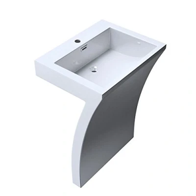 Image of Durovin Bathrooms Luxurious Cast Stone Pedestal Basin 7 Shaped Freestanding Sink with Overflow Slot &amp; Single Tap Hole Includes Push Pop Up Waste Plug PU02