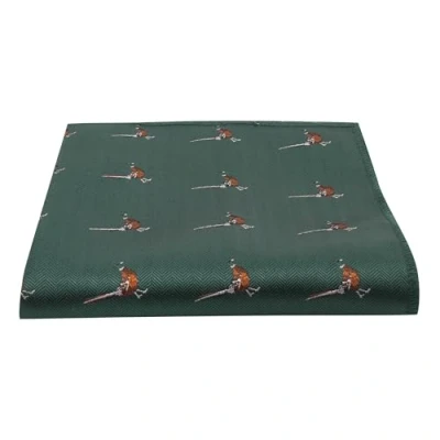 Image of King &amp; Priory Dark Green Herringbone Embroidered Pheasant Pocket Square, Handkerchief