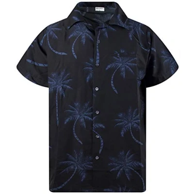 Image of King Kameha Men&#039;s Shirt Short Sleeve Casual Button Down Hawaii Vacation, Palm Shadow, Black, XS