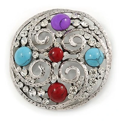 Image of Avalaya Large Vintage Inspired Round Acrylic Stone, Crystal Brooch in Silver Tone 63mm D