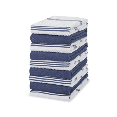 Image of 100% Cotton Terry Tea Towel Blue Plain &amp; Stripe Pattern, Pack of 9 Kitchen Set Absorbent, Strong, Quick Dry Machine Washable Home Bathroom Accessories