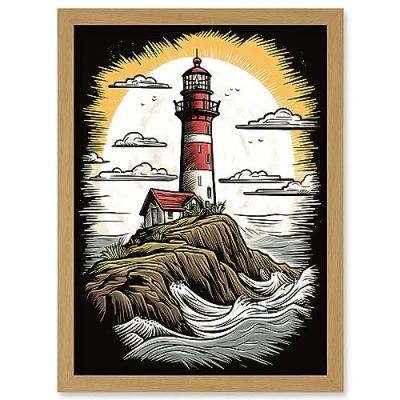 Image of Artery8 Lighthouse on Cliff Old School USA Tattoo Ink Body Rockabilly Americana 50s Artwork Framed Wall Art Print A4