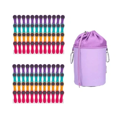 Image of 96 Clothes Pegs with Compression Springs Made of Stainless Steel, Soft Touch Colourful, 1 Canvas Peg Bag, Purple Grey