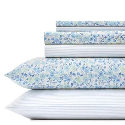 Image of Laura Ashley Home Percale Collection 6 Piece Weave Sheet Set 100% Cotton Bedding Cool, Crisp, and Breathable, Queen, Jaynie Winter Green